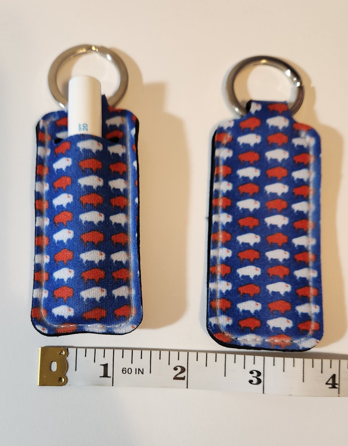 Blue lip balm holder with white and red Buffalos