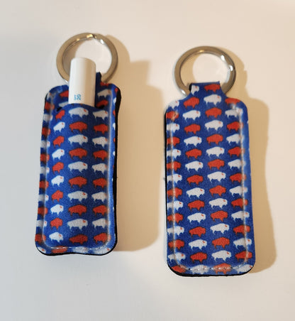 Blue lip balm holder with white and red Buffalos